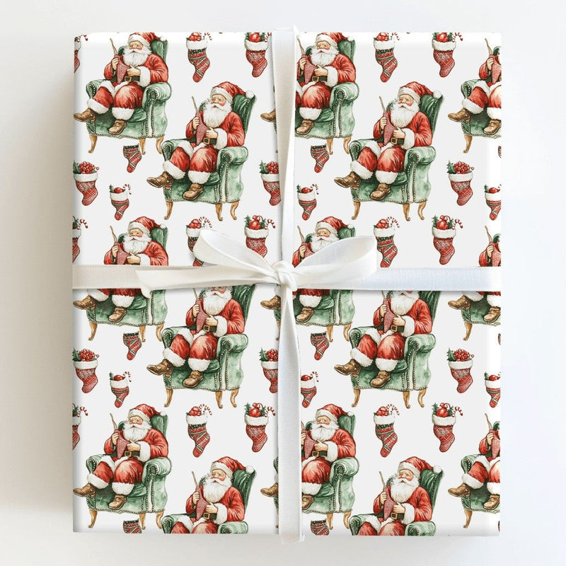 Knitter Santa Claus Armchair Wrapping Paper, Knitting Santa Wrapping Paper, Vintage Christmas Wrapping Paper, Comfy Holiday Gift Wrap Roll