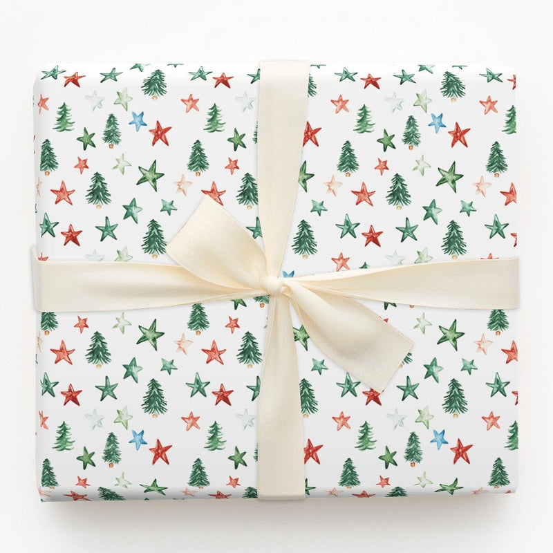 Holiday Star Gift Wrap, Watercolor Christmas Trees Wrapping Paper, Colorful Xmas Trees Gift Wrap Roll, Festive Winter Holiday Wrapping Paper