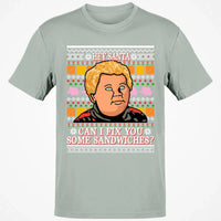 Ugly Christmas Sweater Graphic Tee, Hey Santa Can I Fix You Some Sandwiches T-Shirt, Humorous Holiday Movie Quote Shirt, Xmas Present