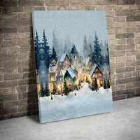 Snowy Winter Wonderland Canvas Print, Christmas Village Canvas Wall Art, Watercolor Holiday Village Canvas, Xmas Town Living Room Decor