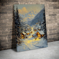 Comfy Winter Cabin Evening Oil Painting Print, Snowy Mountain Village Canvas Wall Art, Alpine Village Christmas Poster, Digital Download