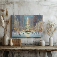 Urban Winter Holiday Canvas Print, Christmas Tree Ice Skating Poster, Comfy Snow Cityscape Wall Art, Seasonal Digital Download