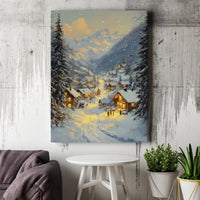 Comfy Winter Cabin Evening Oil Painting Print, Snowy Mountain Village Canvas Wall Art, Alpine Village Christmas Poster, Digital Download