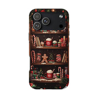 Comfy Gingerbread Hot Cocoa Holiday iPhone Case, Christmas Bookshelf Phone Case, Candy Cane Winter Phone Cover, Bookish Present