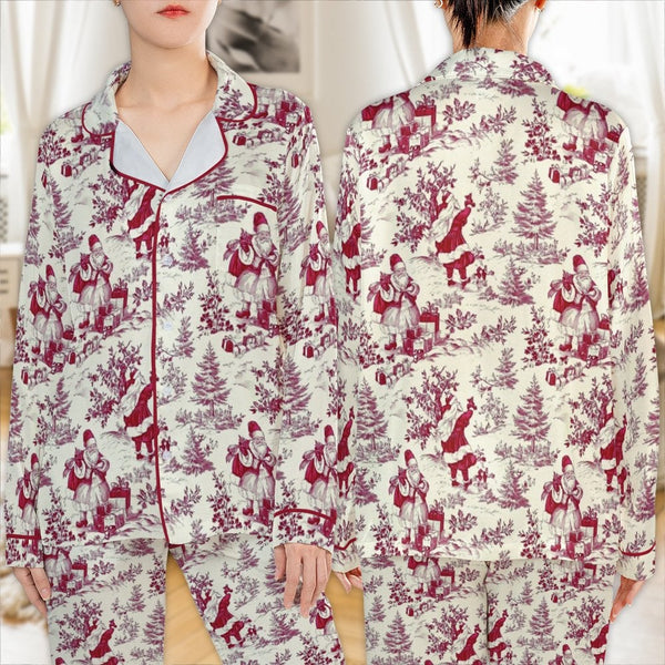Vintage Santa Satin Pajamas Set, Christmas Santa Toile Pajamas, Holiday Loungewear Sleepwear Set, French Toile Pajamas, Prese