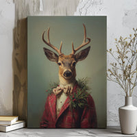 Vintage Christmas Buck Portrait Print, Dapper Deer Red Plaid Suit Canvas Wall Art, Rustic Holiday Lodge Decor, Winter Cabin Present
