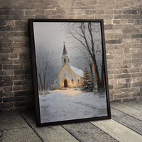 Snowy Christmas Chapel Scene Painting, Winter Church Canvas Wall Art, Religious Holiday Canvas Print, Winter Decor Digital Download