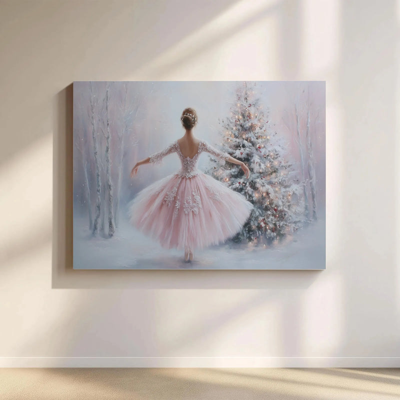Pink Tutu Dancer Snowy Forest Wall Art, Ballerina Christmas Canvas Art, Holiday Ballerina Canvas Print, Winter Dancer Canvas, Xmas Decor