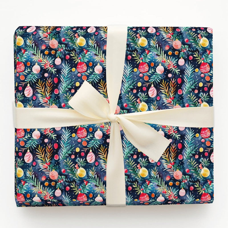 Navy Pine Branch Gift Wrap, Watercolor Ornament Wrapping Paper, Festive Christmas Ornament Wrapping Paper, Holiday Present Paper Roll