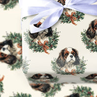 Vintage Spaniel Wreath Gift Wrap, Cavalier King Charles Wrapping Paper, Adorable Dog Christmas Wrapping Paper, Holiday Pet Gift Wrapping Paper
