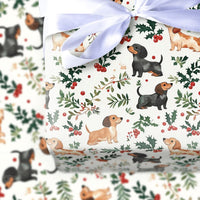 Dog Holiday Gift Wrap, Dachshund Christmas Wrapping Paper, Adorable Puppy Present Paper, Festive Holly Berry Present Wrap, Dog Lover Xmas Decor