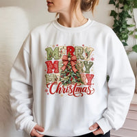 Plaid Christmas Tree Sweater, Merry Merry Merry Christmas Sweatshirt, Vintage Holiday Crewneck, Rustic Christmas Pullover, Womens Xmas Present