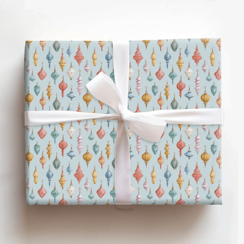 Powder Blue Christmas Gift Wrap, Vintage Ornament Wrapping Paper, Watercolor Holiday Wrapping Paper, Antique Ornament Gift Wrap Paper Roll