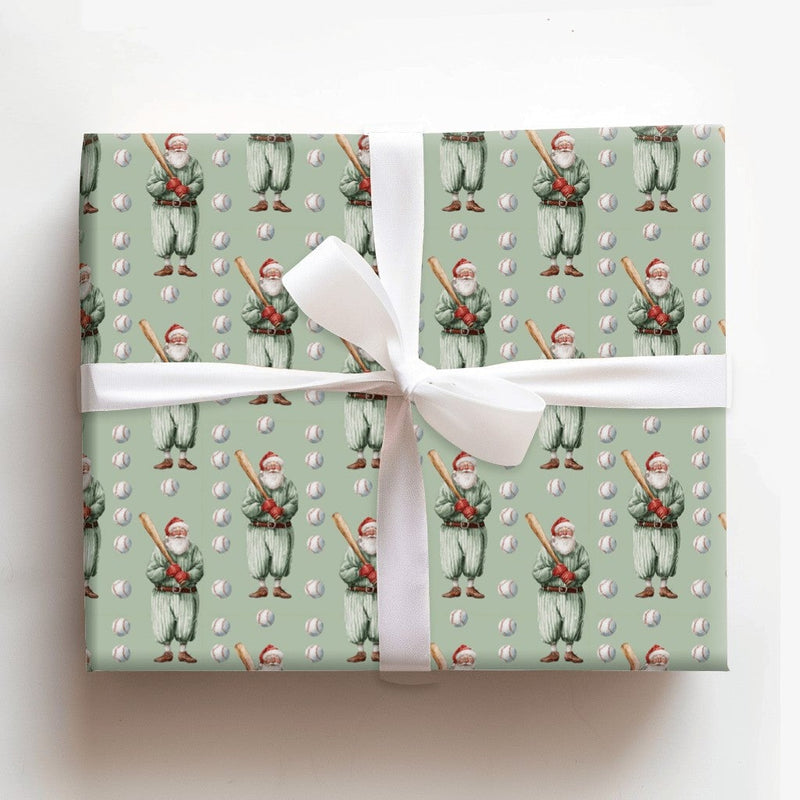 Vintage Baseball Gift Wrap, Baseball Santa Wrapping Paper, Sage Green Holiday Wrapping Paper, Sports Fan Christmas Gift Wrap Roll
