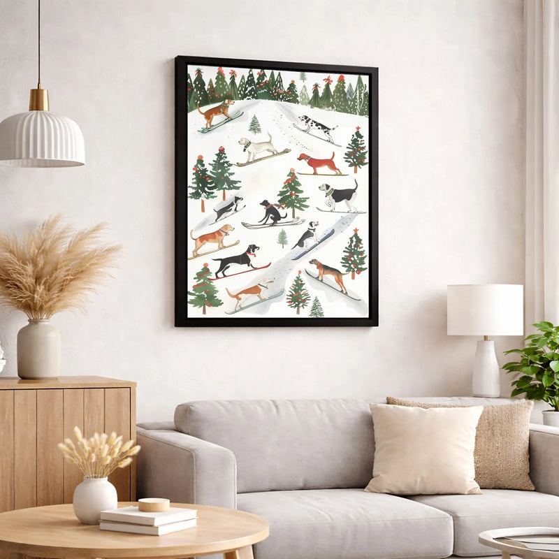 Whimsical Winter Holiday Canvas, Skiing Dogs Christmas Wall Art, Adorable Ski Dog Digital Download Print, Humorous Xmas Animal Seasonal Decor Present