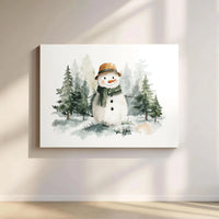 Winter Forest Christmas Canvas Print, Watercolor Snowman Canvas Art, Holiday Wall Decor, Seasonal Winter Landscape Canvas Wall Art