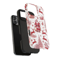 Red Toile Reindeer Phone Case, Vintage Santa Christmas Phone Case for iPhone, Holiday Snowflake Phone Cover, Dual Layer Tough Case for Her