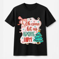 Coquette Christmas Graphic Tee, Oh Come Let Us Adore Him T-Shirt, Christian Holiday Shirt, Religious Xmas Hymn T-Shirt, Faith Present for Her