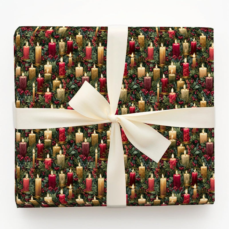 Holly Berry Gift Wrap, Vintage Christmas Candle Wrapping Paper, Traditional Holiday Present Wrap, Festive Winter Botanical Wrapping Paper