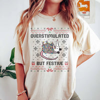 Ugly Christmas Sweater Graphic Tee, Overstimulated but Festive Opossum T-Shirt, Humorous Holiday Possum Shirt, Adorable Xmas Graphic T-Shirt