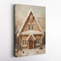 Whimsical Snowy Winter Landscape Canvas, Gingerbread House Christmas Canvas Wall Art, Festive Holiday Canvas Print, Comfy Xmas Wall Decor