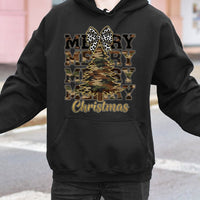 Rustic Leopard Bow Holiday Pullover, Merry Christmas Camo Hoodie, Country Hunting Season Sweatshirt, Adorable Xmas Tree Camouflage Hoodie