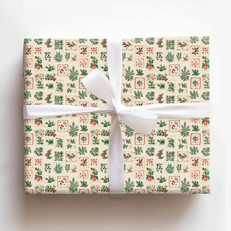 Holly Pine Gift Wrap, Vintage Botanical Christmas Wrapping Paper, Rustic Holiday Tile Wrapping Paper, Traditional Xmas Gift Wrapping Paper