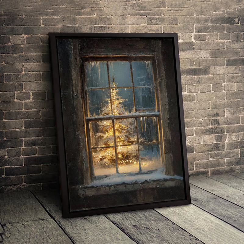 Winter Night Landscape Poster, Snowy Christmas Tree Window Canvas Art, Comfy Holiday Wall Decor, Digital Download Print