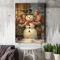 Victorian Snowman Children Canvas Print, Vintage Christmas Wall Art, Nostalgic Winter Holiday Canvas Art, Festive Christmas Home Present
