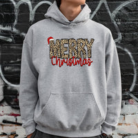 Leopard Santa Hat Hooded Sweatshirt, Merry Christmas Hoodie, Comfy Winter Holiday Pullover, Festive Graphic Hoodie, Xmas Present for Women