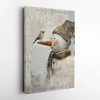 Rustic Winter Oil Painting Poster, Snowman and Bird Canvas Wall Art Print, Farmhouse Christmas Holiday Decor, Digital Download Present