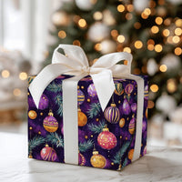 Gold Ornament Gift Wrap Roll, Purple Christmas Wrapping Paper, Elegant Holiday Present Wrap, Festive Xmas Tree Decor Wrapping Paper
