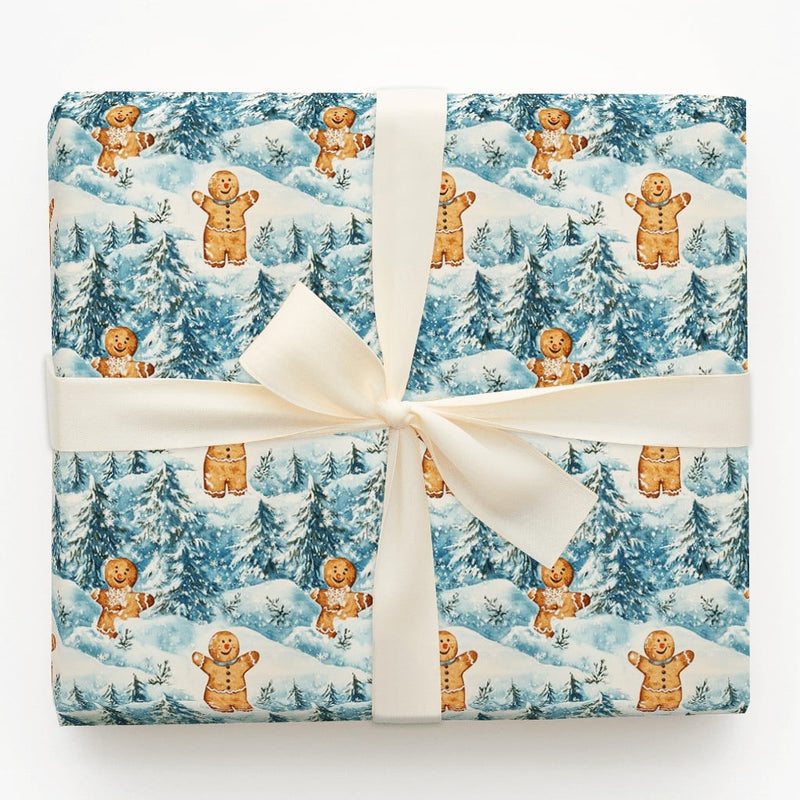 Snowy Forest Holiday Gift Wrap, Gingerbread Man Christmas Wrapping Paper, Adorable Winter Cookie Wrapping Paper