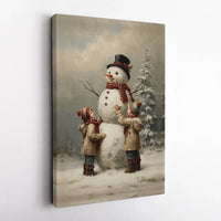Children Building Snowman Canvas Print, Vintage Christmas Canvas Wall Art, Retro Holiday Snowman Canvas, Winter Wall Decor Christmas Present