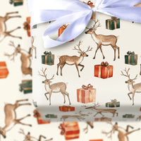 Woodland Deer and Presents Gift Wrap, Watercolor Reindeer Wrapping Paper, Rustic Christmas Deer Wrapping Paper, Holiday Gift Wrap Roll