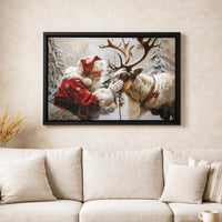 Snowy Forest Christmas Canvas Print, Santa Claus Reindeer Canvas Wall Art, Holiday Santa Canvas Art, Vintage Winter Wall Decor Present