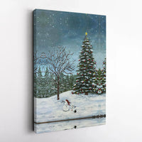 Snowy Christmas Tree Scene Print, Christmas Snowman Winter Landscape Canvas Wall Art, Holiday Christmas Wall Art, Art Digital Download