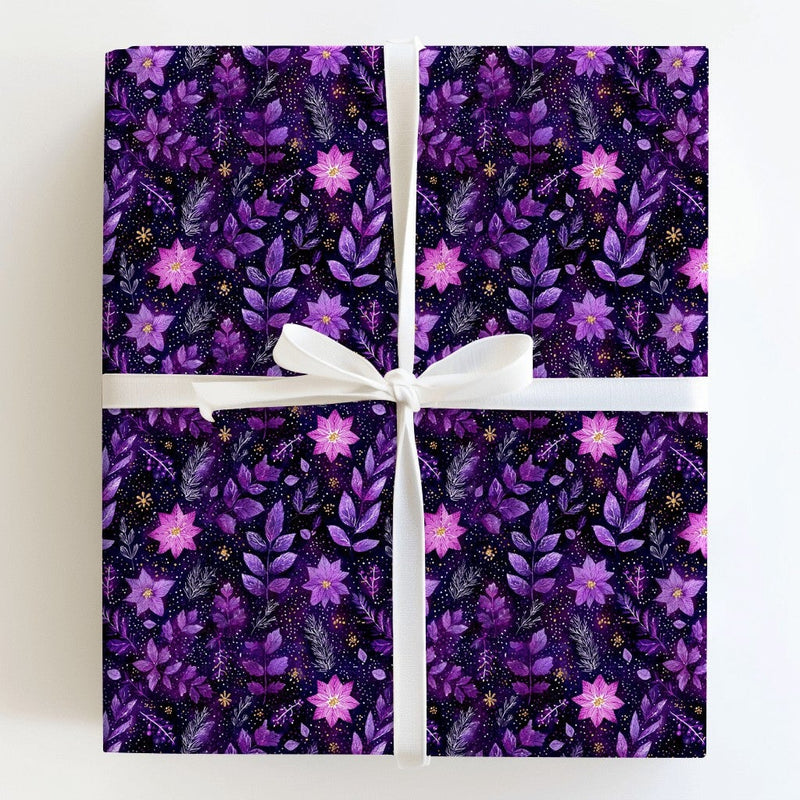 Celestial Floral Wrapping Paper, Purple Poinsettia Wrapping Paper, Dark Botanical Wrapping Paper, Elegant Christmas Gift Wrap