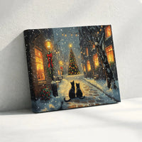 Snowy Village Holiday Street Canvas Wall Art, Black Cat Christmas Canvas Print, Winter Cat Landscape Canvas, Holiday Home Decor Present