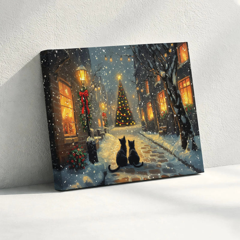 Snowy Village Cat Print, Black Cat Christmas Canvas Wall Art, Holiday Black Cat Poster, Winter Cat Scene Digital Download
