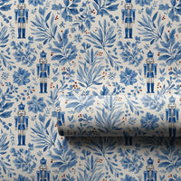 Watercolor Toile Christmas Gift Wrap, Blue Nutcracker Wrapping Paper, Nutcracker Soldier Wrapping Paper, Floral Holiday Gift Wrap Paper