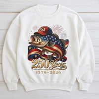 USA Bass Fish Sweatshirt | 250 Years America 1776-2026 Patriotic Design | Soft Cotton Polyester Blend | Gift for Fishing Enthusiasts