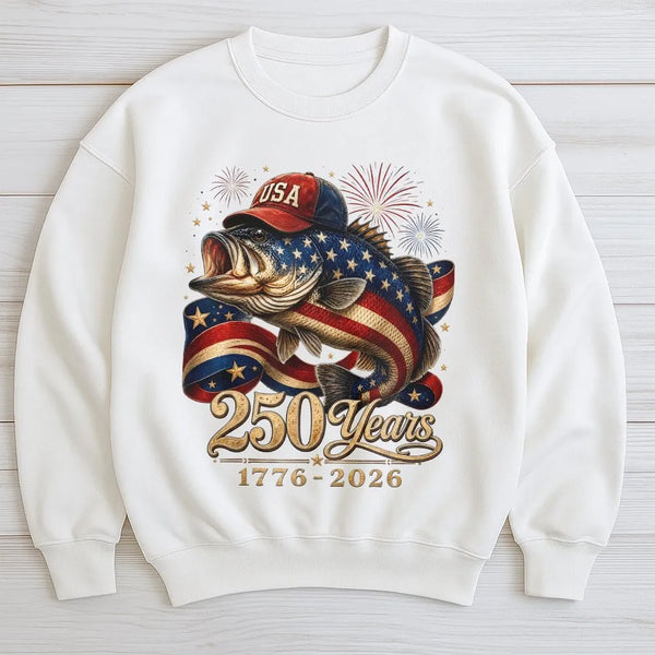USA Bass Fish Sweatshirt | 250 Years America 1776-2026 Patriotic Design | Soft Cotton Polyester Blend | Gift for Fishing Enthusiasts