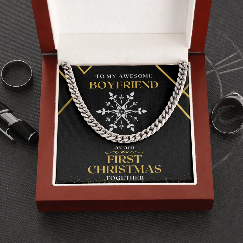 Polished Stainless Steel Mens Chain, First Christmas Boyfriend Cuban Link Chain Necklace, Mens Cuban Necklace, Holiday Keepsake Present