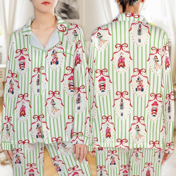 Christmas Nutcracker Pajamas, Nutcracker Satin Pajama Set, Holiday Festive Pajama Set, Silky Button Down Sleepwear, Womens Xm