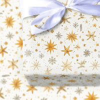 Celestial Snowflake Gift Wrap, Golden Star Christmas Wrapping Paper, Winter Holiday Gift Wrap Roll, Elegant Gold Star Present Paper