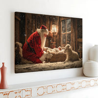 Christian Nativity Scene Canvas Print, Santa at Manger Canvas Wall Art, Religious Christmas Wall Art, Holiday Home Decor, Faith Based Present