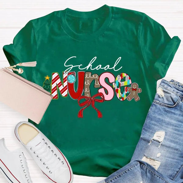 Festive Bow Holiday Nurse Tee, School Nurse Christmas Shirt, Merry Christmas RN T-Shirt, School Healthcare Worker Xmas Presen