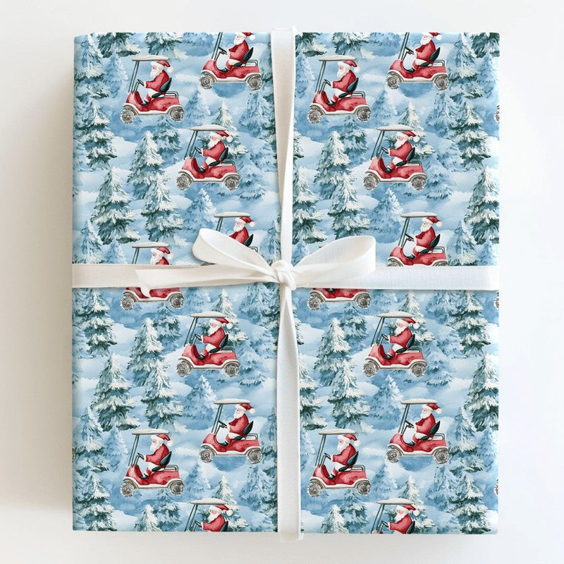 Golf Cart Santa Gift Wrap, Golf Santa Christmas Wrapping Paper, Humorous Golfer Holiday Wrapping Paper, Winter Golf Fan Present Wrapping Paper