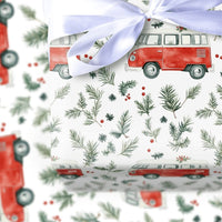 Retro Camper Van Gift Wrap, Vintage Red Camper Wrapping Paper, Christmas Camper Holiday Paper Roll, Winter Greenery Gift Wrapping Paper